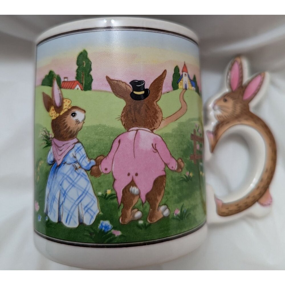 VTG Japan Bunny Mug Mr & Mrs Bunny - bunny shaped handle unique colorful spring
